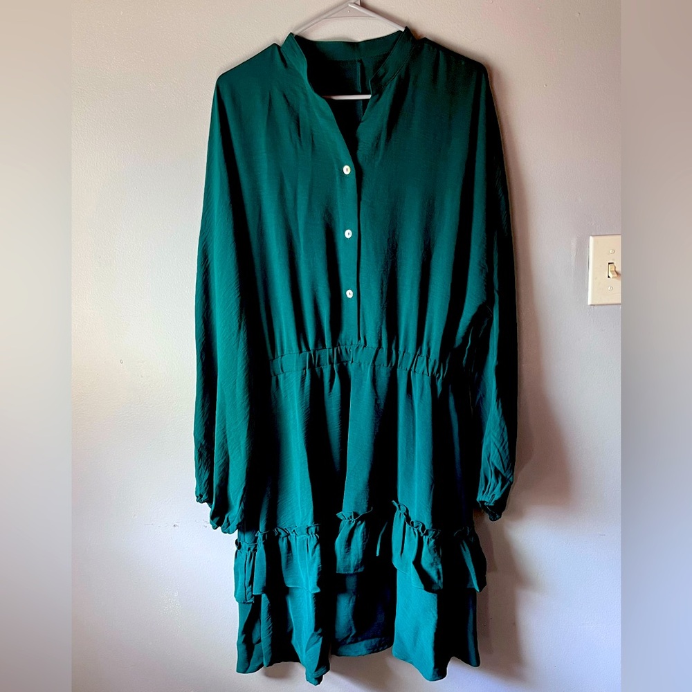 Women's Layer Ruffle Button V Neck Elastic Waist Long Sleeve Dress Green X-Large